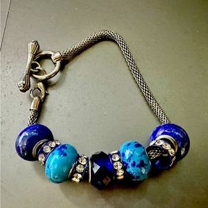 Pandora Blue Beaded Charm Silver Toggle Bracelet
